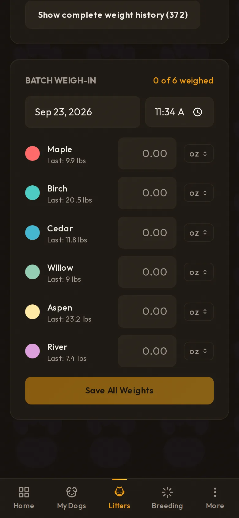 The batch weigh-in screen: every puppy’s weight entered on one screen and saved for the whole litter